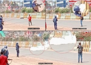 ছবি ৩৯-৪১ একটি যাচাইকৃত ভিডিও থেকে নেওয়া হয়েছে, যেখানে দেখা যাচ্ছে পুলিশ আহত অবস্থায় মাটিতে পড়ে থাকা ইয়ামিনের দিকে টিয়ার গ্যাস গ্রেনেড নিক্ষেপ করছে। ছবি কৃতজ্ঞতা: অনুমোদিত নথি।