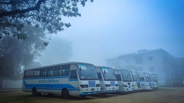 নীল জ্যোৎস্নার মোহময় আবেশে মোড়ানো রাবি চত্ত্বরে দন্ডায়মান সারি সারি ক্যাম্পাস বাস (ক্লিক: রাফাসান আলম)