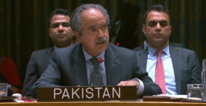 জাতিসংঘের নিরাপত্তা পরিষদের অধিবেশনে বক্তব্য রাখছেন পাকিস্তান প্রতিনিধি আসিম ইফতিখার আহমদ, ছবি: নিরাপত্তা পরিষদ