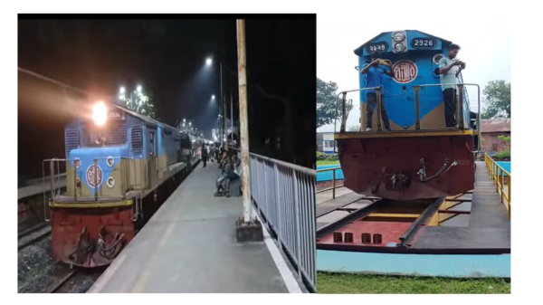 লালমনিরহাট রেলওয়ের অটোমেটেড টার্নটেবিলে সোমবার (৭ সেপ্টেম্বর ২০২৬) ২৯২৬ নম্বর লোকোমোটিভ ঘোরানো হয়। পরে শর্ট হুড সামনে রেখে লোকোমোটিভটি ঢাকাগামী আন্তঃনগর রংপুর এক্সপ্রেসের সঙ্গে সংযুক্ত করে পরিচালনা করা হয়। ছবি: লালমনিরহাট প্রতিনিধি।